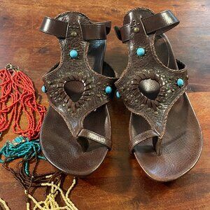 Frye Brown Leather Turquoise Studded Sandals Boho Western Size 7